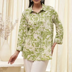 Green Cotton Floral Printed Straight Shirt
