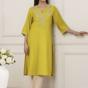 Green Sequined Embroidered Straight Kurta