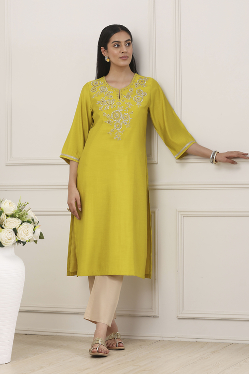 Green Sequined Embroidered Straight Kurta