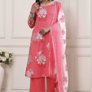 Coral Floral Printed Straight Suit Set