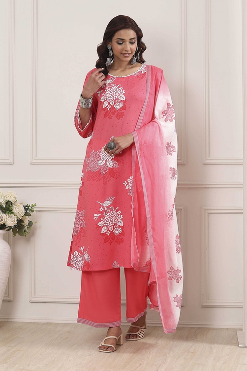 Coral Floral Printed Straight Suit Set