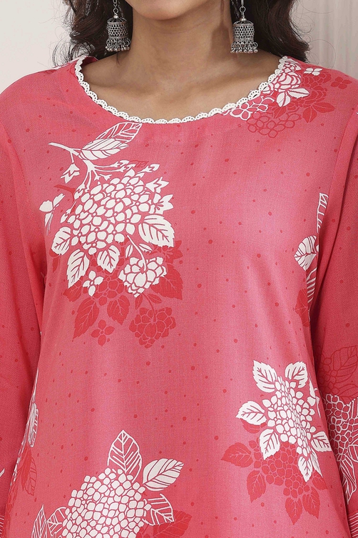 Coral Floral Printed Straight Suit Set - Image 5