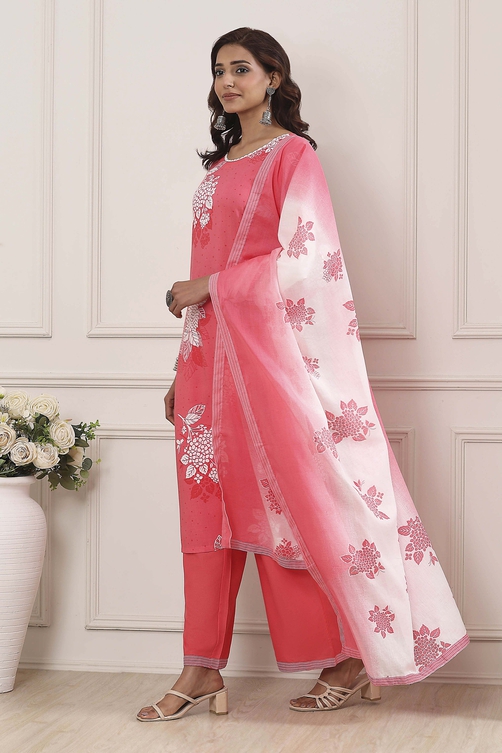 Coral Floral Printed Straight Suit Set - Image 3
