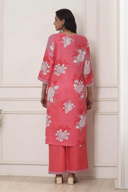 Coral Floral Printed Straight Suit Set - Image 2