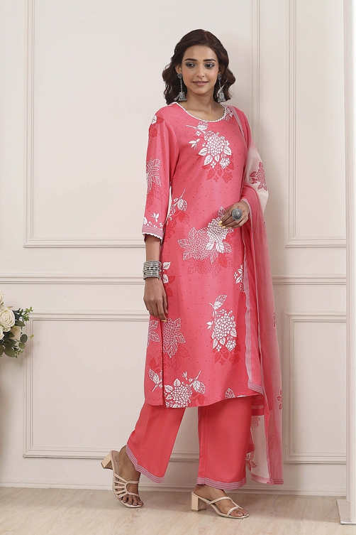 Coral Floral Printed Straight Suit Set - Image 7