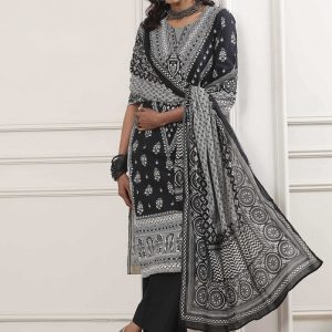 Black Cotton Printed Straight Suit Set