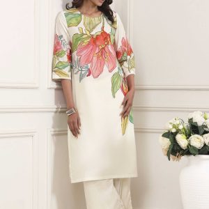 Beige Cotton Floral Printed Straight Kurta Set