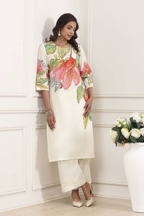 Beige Cotton Floral Printed Straight Kurta Set
