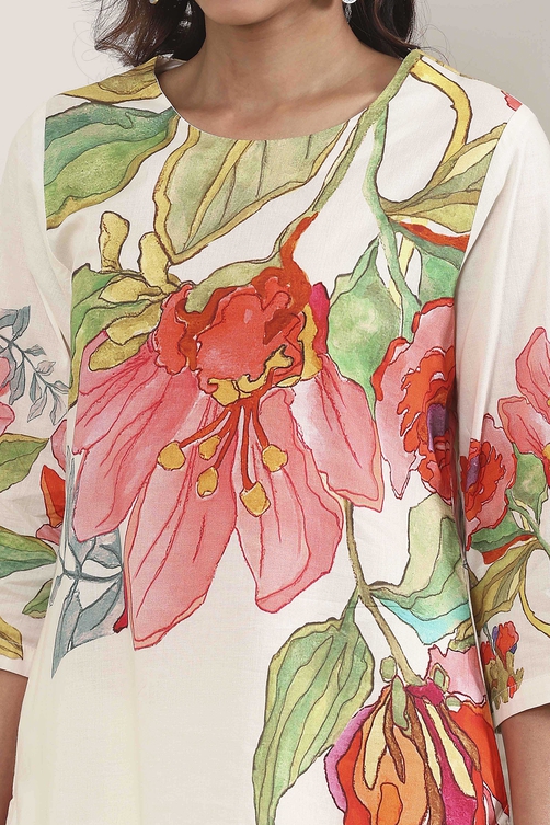 Beige Cotton Floral Printed Straight Kurta Set - Image 8