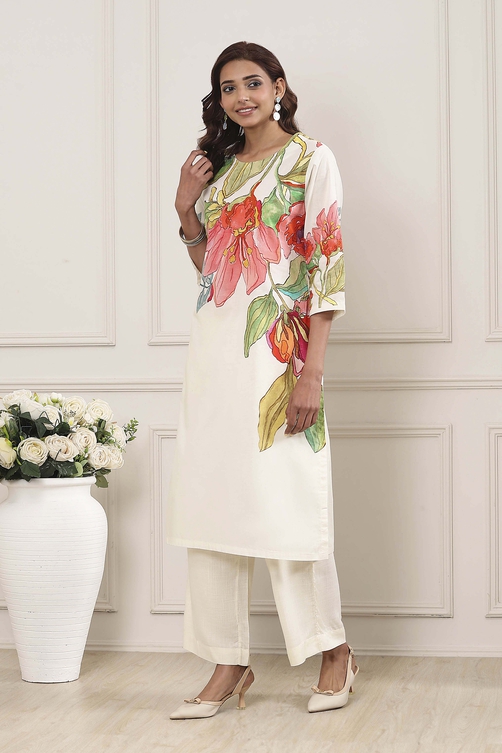 Beige Cotton Floral Printed Straight Kurta Set - Image 6