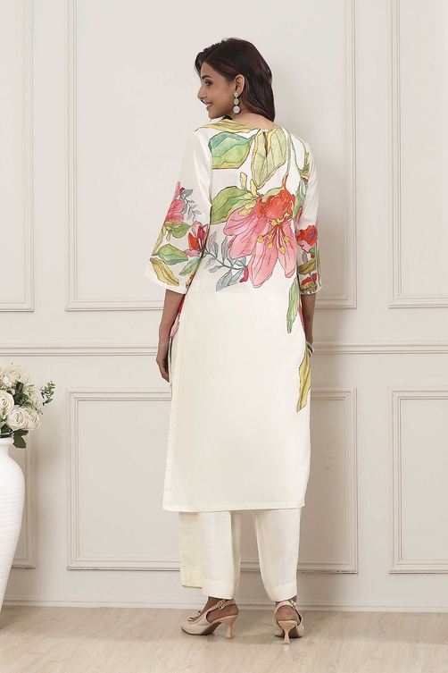 Beige Cotton Floral Printed Straight Kurta Set - Image 5