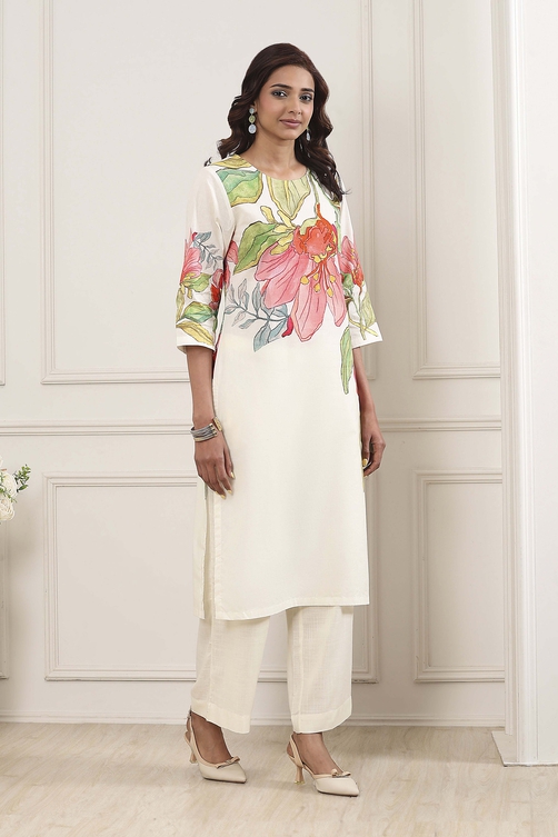 Beige Cotton Floral Printed Straight Kurta Set - Image 4