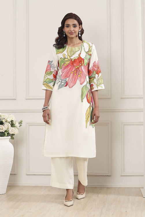 Beige Cotton Floral Printed Straight Kurta Set - Image 3