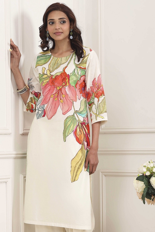 Beige Cotton Floral Printed Straight Kurta Set - Image 2