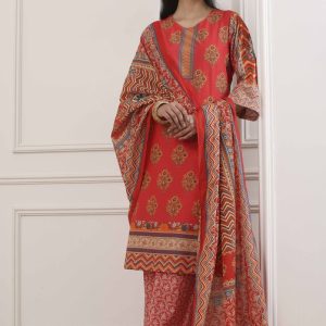 Red Cotton Floral Motifs Straight Suit Set