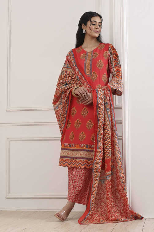 Red Cotton Floral Motifs Straight Suit Set