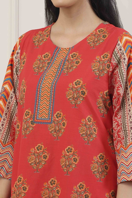 Red Cotton Floral Motifs Straight Suit Set - Image 8