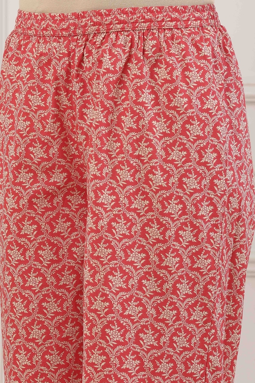 Red Cotton Floral Motifs Straight Suit Set - Image 7