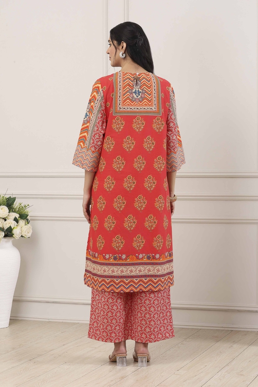 Red Cotton Floral Motifs Straight Suit Set - Image 5